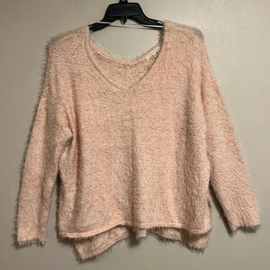 Copper Key Soft‎ & Cozy Pink Shaggy Eyelash V Neck Boxy Oversized Sweater Large